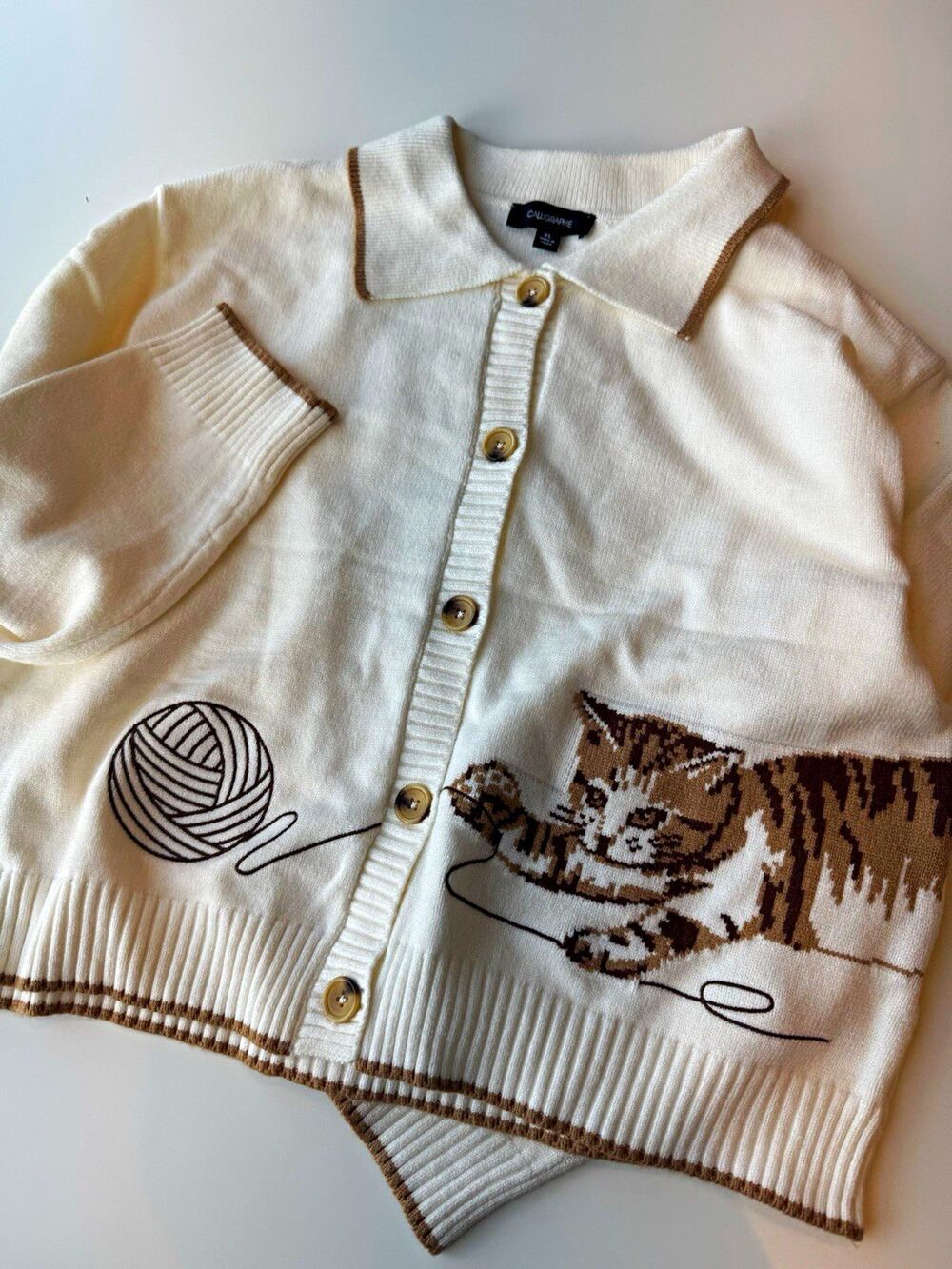 Anthropologie Calligraphie Women's Cream Collared Button Knit Cat Cardigan XL